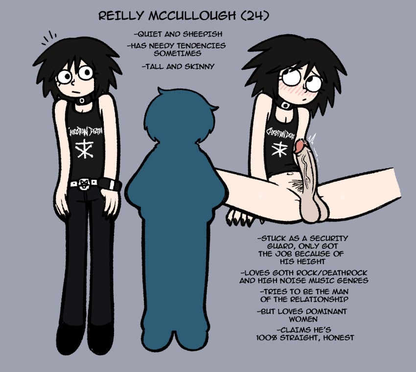 2d 2d_(artwork) balls big_penis black_eyes black_hair blush bracelet character_sheet clothed clothing cock collar emo emo_boy english_text erect_penis erection goth goth_boy huge_balls huge_cock human krusha64612042 looking_away male original original_character pale-skinned_male pale_skin penis pubes pubic_hair reilly_mccullough_(krusha64612042) shy skinny tanktop text uncensored veiny_penis