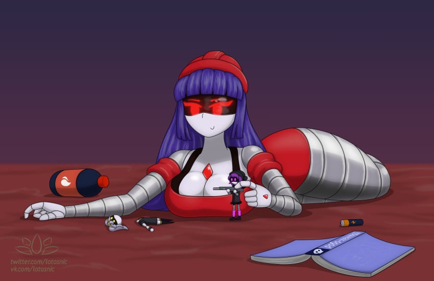 1robot_girl 2d 2toys blue_eyes cleavage doll_(murder_drones) female female_only glitch_productions grey_hair humanoid j_(murder_drones) lotosnic murder_drones purple_hair red_dress red_eyes robot robot_girl robot_humanoid screen_face squished_breasts thick_thighs twintails uzi_(murder_drones)