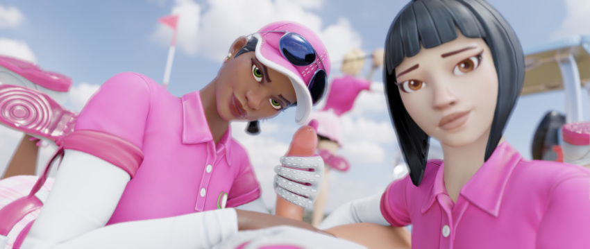 1boy 3girls bunny_brawler dark-skinned_female dark_skin fortnite golf_club green_eyes gurobase handjob interracial lipstick multiple_girls penis thick_lips