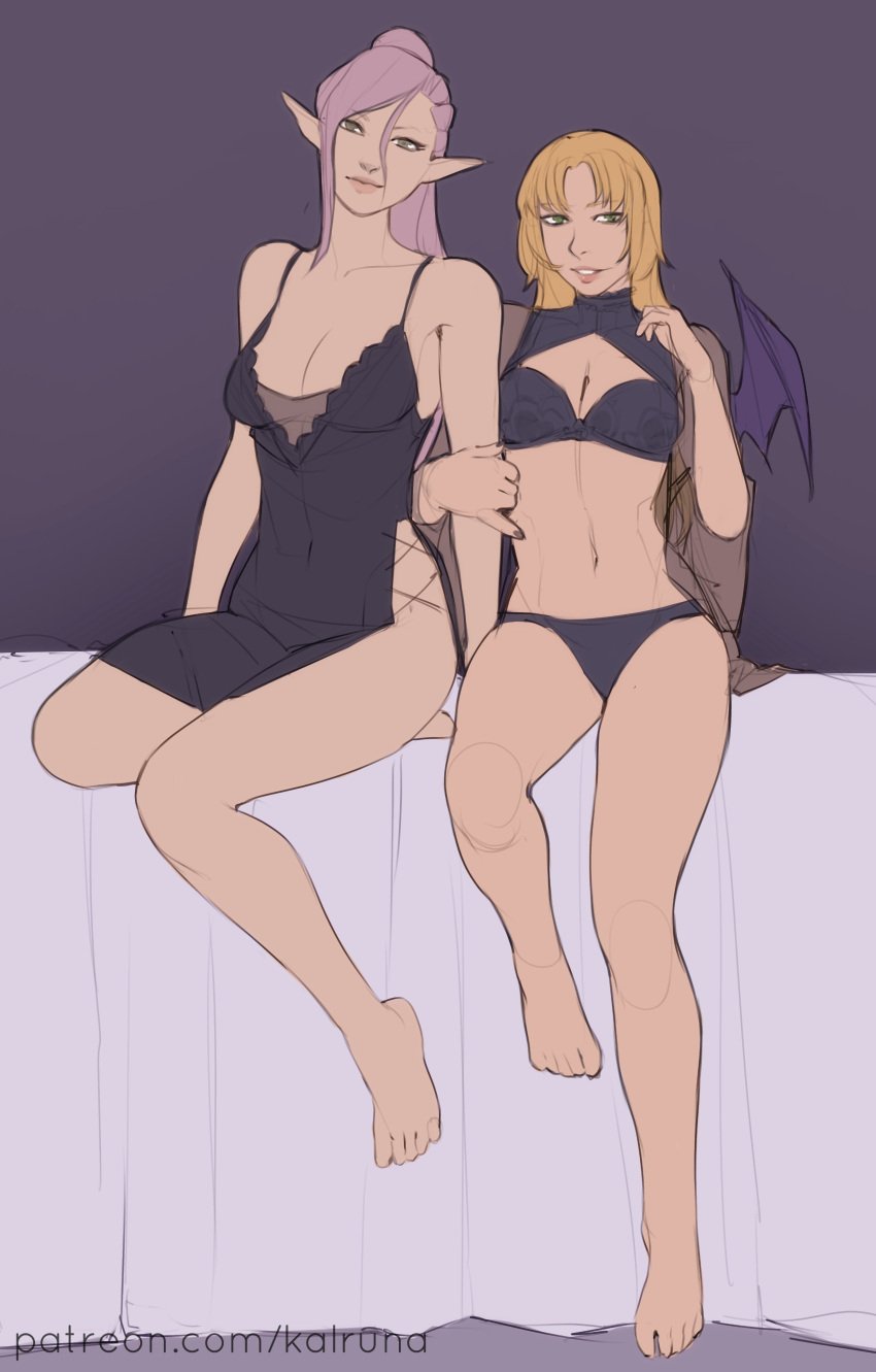 2girls black_bra black_panties blonde_hair bra demon_wings kalruna lingerie multiple_girls original panties pointy_ears purple_hair underwear wings