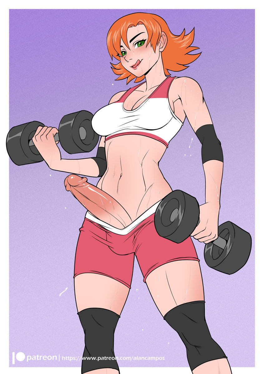 1futa alanscampos artist_name balls balls_in_shorts big_breasts big_penis breasts clothed clothing color digital_drawing_(artwork) dumbbell erection futa_only futanari ginger ginger_futa green_eyes gym_uniform human large_penis licking_lips light-skinned_futanari light_skin looking_at_viewer mostly_clothed nora_valkyrie orange_hair penis penis_out_of_shorts pink_shorts rooster_teeth rwby short_hair shorts simple_background solo sports_bra sportswear sweat sweating thick_thighs thighs toned toned_futanari toned_stomach tongue tongue_out workout workout_clothes workout_equipment