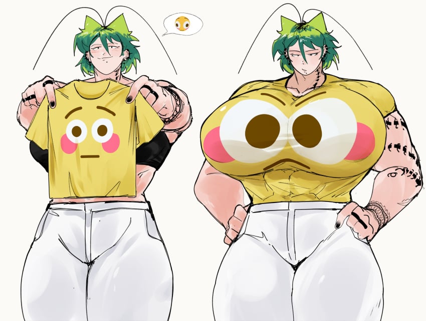 1girls alien_girl ass_bigger_than_head big_ass big_breasts blushing_emoji ear_piercing emoji green_hair jeans roach rochi rochi(rrrroch1) rrrroch1 size_difference taller_girl tattoo tomboy