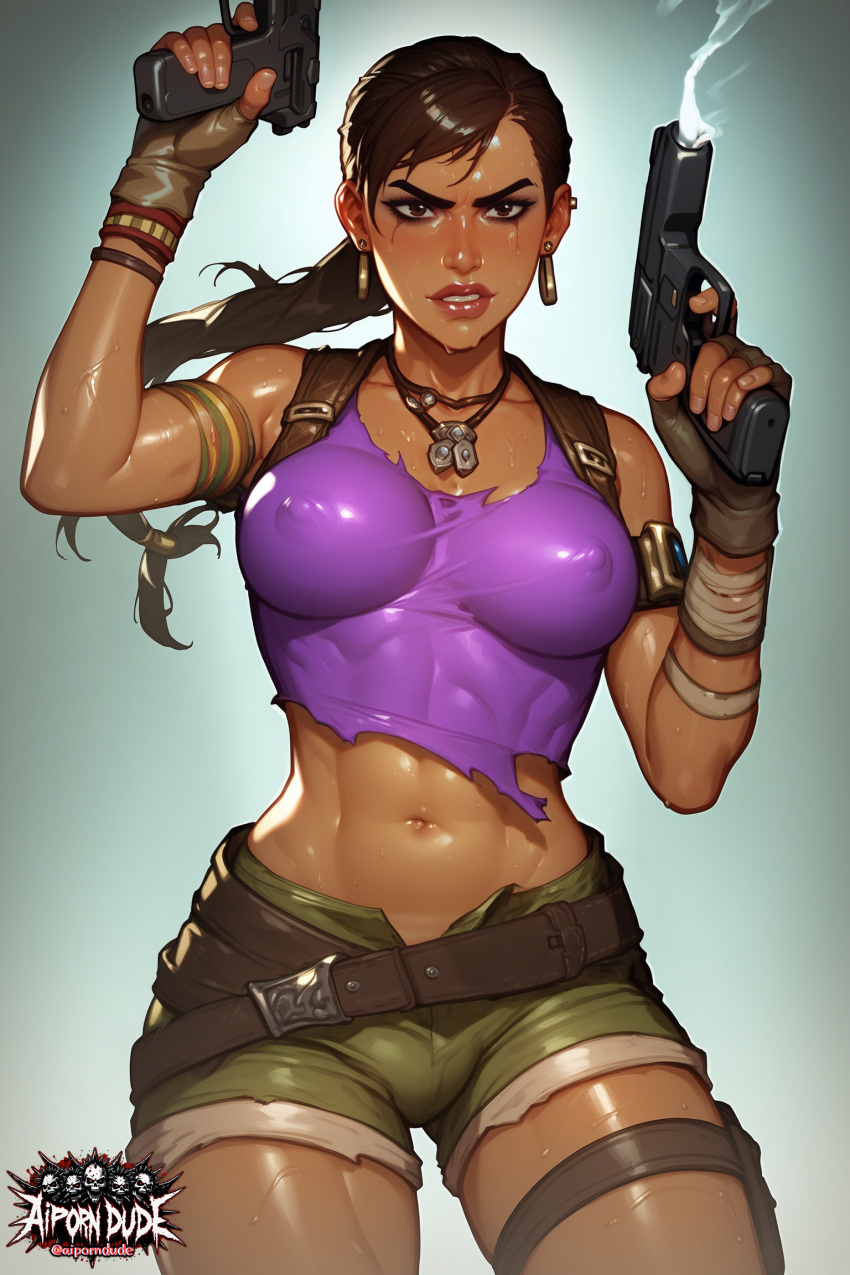 1girls ai_generated aiporndude angry belly belly_button belt brown_eyes brown_hair crop_top curvaceous curvy curvy_body curvy_female curvy_figure dark-skinned_female dark_skin earrings female gun jewelry large_breasts lips long_hair mascara muscular muscular_female navel nipple_bulge nipples_visible_through_clothing piercing resident_evil resident_evil_5 sheva_alomar shorts skin_tight skindentation smug_grin solo solo_female solo_focus sweat sweatdrop sweating teeth thick_thighs torn_clothes wide_hips