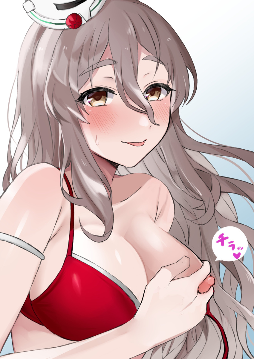 absurdres bangs bikini blush breasts brown_eyes cleavage covering covering_breasts female gradient gradient_background grey_hair hair_between_eyes hat highres kantai_collection large_breasts long_hair nipples open_mouth pola_(kantai_collection) red_bikini simple_background solo sweat swimsuit thick_eyebrows tongue tongue_out toriniku_senshi_chikinman untied untied_bikini upper_body wavy_hair