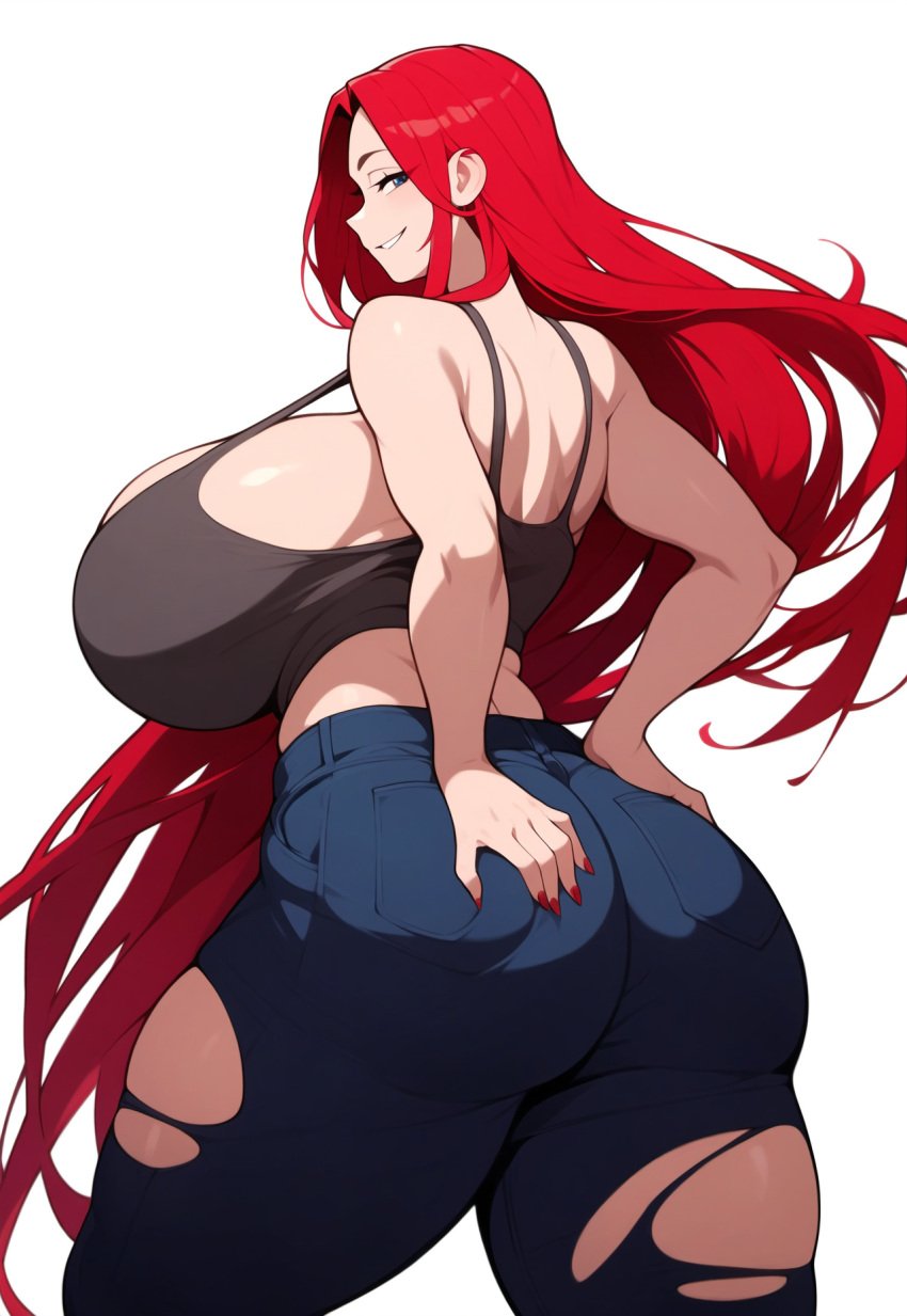 ai_generated blue_eyes from_behind gigantic_ass gigantic_breasts jeans mischievous_smile model red_hair ripped_clothing ruze_(oc) tank_top white_background