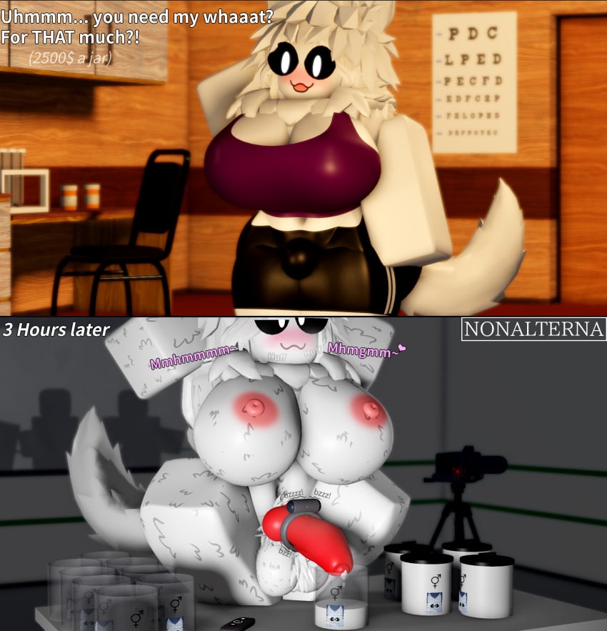 1futa 3d :3 anthro artist_name being_recorded being_watched big_balls big_breasts big_penis black_and_white_eyes black_eyes blush bulge canine_genitalia canine_penis clinic cock_ring cum_in_container cum_milking cum_storage detailed_background english_text fluffy_balls fur furry furry_balls futanari hands_behind_head intersex intersex_symbol jar knot large_belly large_breasts large_penis leaking_cum milking milking_cum naked nipples nonalterna nude penis_milking roblox robloxian rolling_eyes self_upload sex_toy shorts solo solo_futa sports sports_bra squatting text vibrating_cock_ring wagging_tail white_fur white_hair