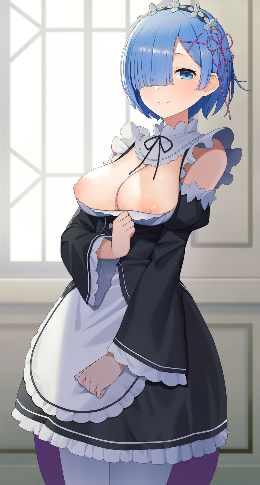 1girls 2d areolae blue_eyes blue_hair breasts breasts_out exposed_breasts female female_only hair_ornament hair_over_one_eye indoor large_breasts looking_at_viewer maid maid_headdress maid_outfit maid_uniform matching_hair/eyes nipples re:zero_kara_hajimeru_isekai_seikatsu rem_(re:zero) sakamotono short_hair smiling x_hair_ornament