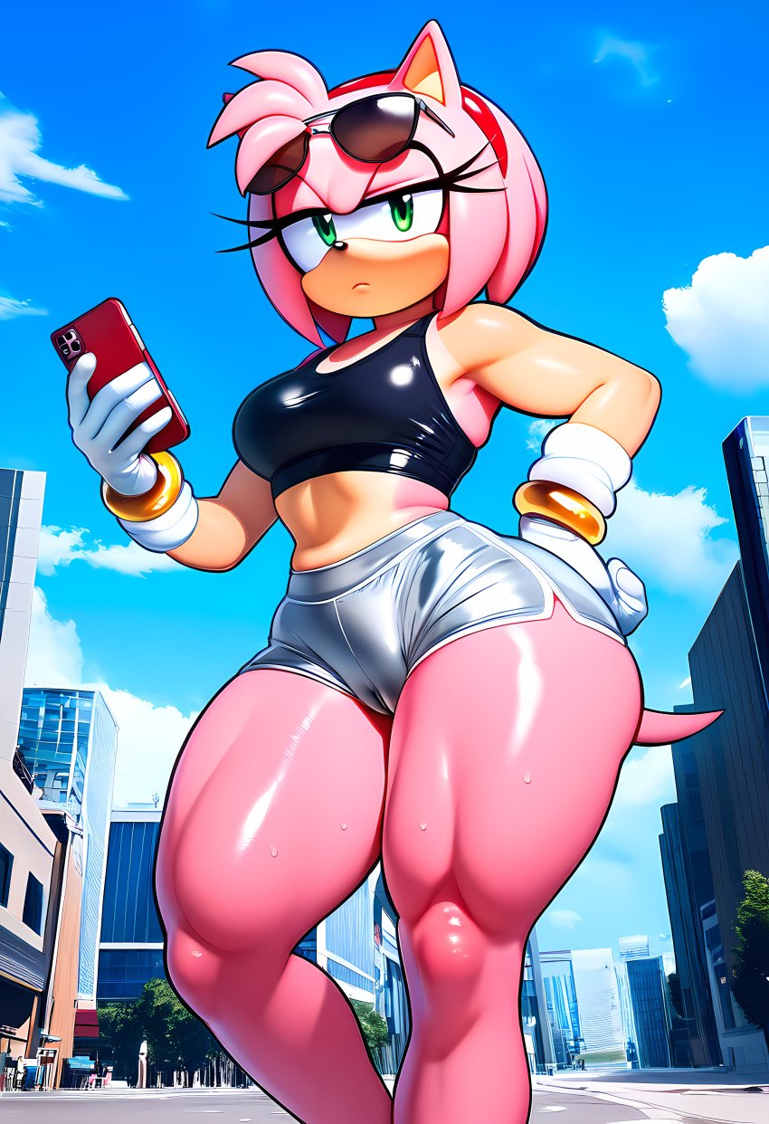 ai_generated amy_rose annoyed between_legs black_bra cameltoe female female_only fur furry grimace hi_res highres holding_object holding_phone hotpants looking_at_viewer looking_down medium_breasts middle_finger novelai sega shiny_clothes short_shorts silver_shorts sonic_(series) sonic_the_hedgehog_(series) sports_bra sunglasses sunglasses_on_head thick_thighs wide_hips