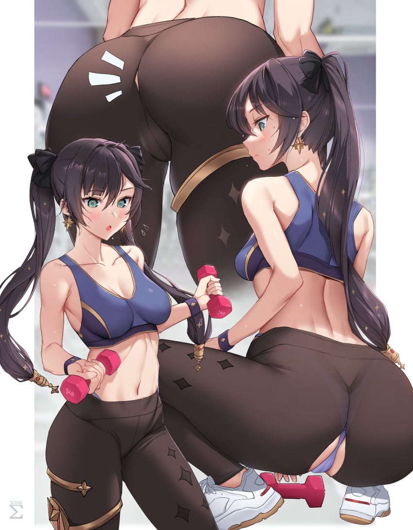 1girls absurdres accident accidental_exposure ass ass_focus bangs black_hair blush breasts cameltoe cleft_of_venus close-up collarbone cowboy_shot dumbbell earrings exercise female from_behind genshin_impact green_eyes gym highres holding jewelry long_hair medium_breasts midriff mona_(genshin_impact) multiple_views navel open_mouth pants ripping_pants see-through sigma_2018 sports_bra squatting sweat sweatdrop thighlet thong torn_clothes torn_pants twintails weightlifting weights wristband yoga_pants