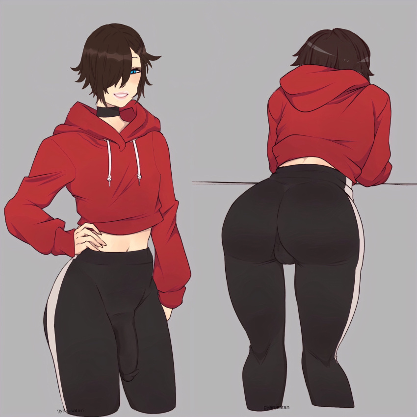 1boy 3rd_party_edit :p ass back_view backsack big_ass big_penis black_hair blue_eyes choker clothing edit femboy girly grey_background gyarusatan hair_over_one_eye hand_on_hip hi_res hoodie jogging_pants leaning_forward male male_only messy_hair narrowed_eyes penis_bulge rainer_(gyarusatan) short_hair smiling solo solo_male sportswear trap wide_hips