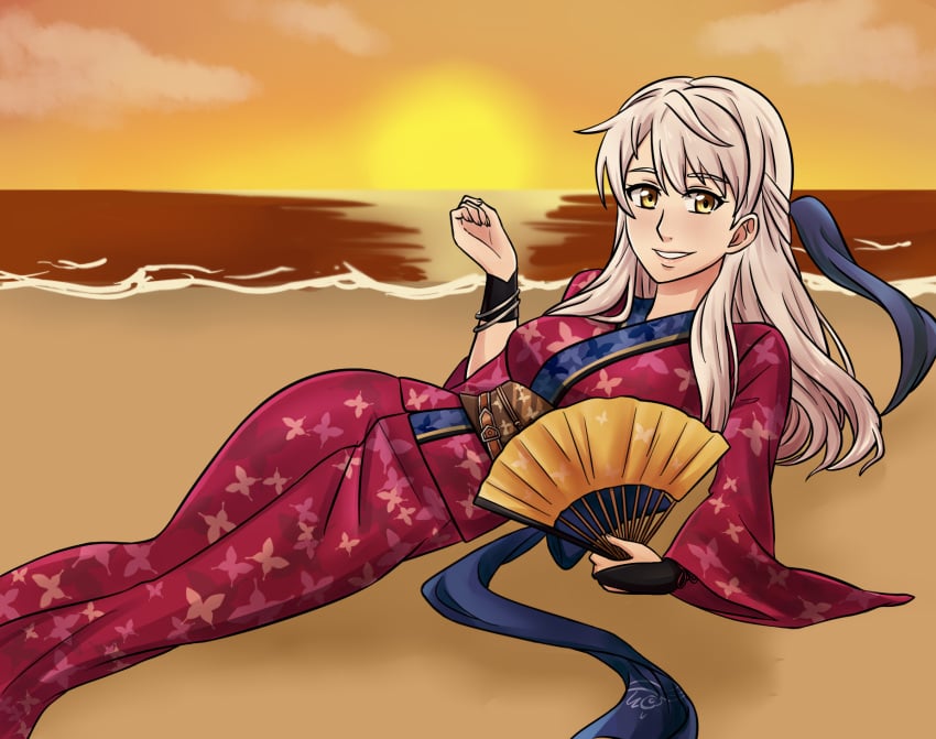 1girls alisa_(vallurite) alternate_costume beach fan fire_emblem fire_emblem:_radiant_dawn fire_emblem_heroes grin japanese_clothes kimono long_hair looking_at_viewer micaiah_(fire_emblem) micaiah_(hoshidan_summer)_(fire_emblem) nintendo ocean on_side pose seaside seductive silver_hair smile solo sunset wide_hips yellow_eyes