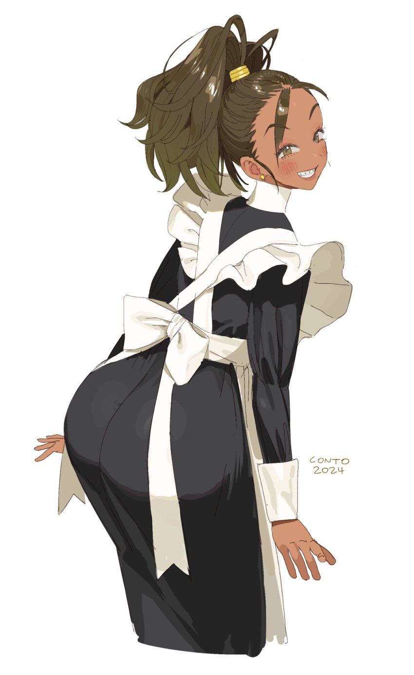 1girls ass ass_focus back_view big_ass braces conto dark-skinned_female female large_ass looking_at_viewer looking_back maid maid_uniform ponytail simple_background smile