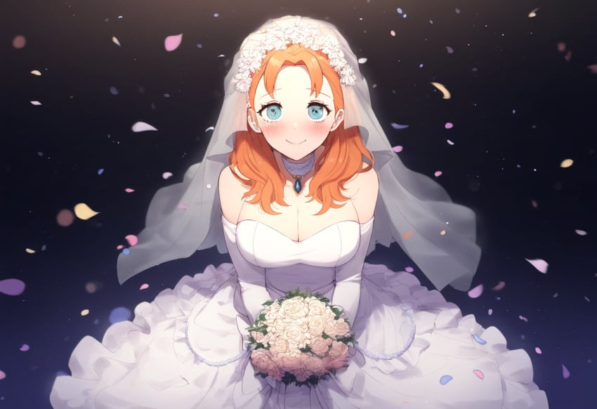 1girls ai_generated annette_fantine_dominic blush cleavage fire_emblem fire_emblem:_three_houses looking_at_viewer nintendo novelai orange_hair solo_female wedding_dress