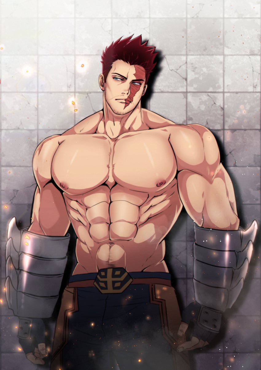 bare_chest beefy big_breasts big_muscles blue_eyes daddy dilf endeavor_(boku_no_hero_academia) endeavor_(my_hero_academia) enji_todoroki fire huge_breasts male_only muscular my_hero_academia red_hair scar_on_face solo_male