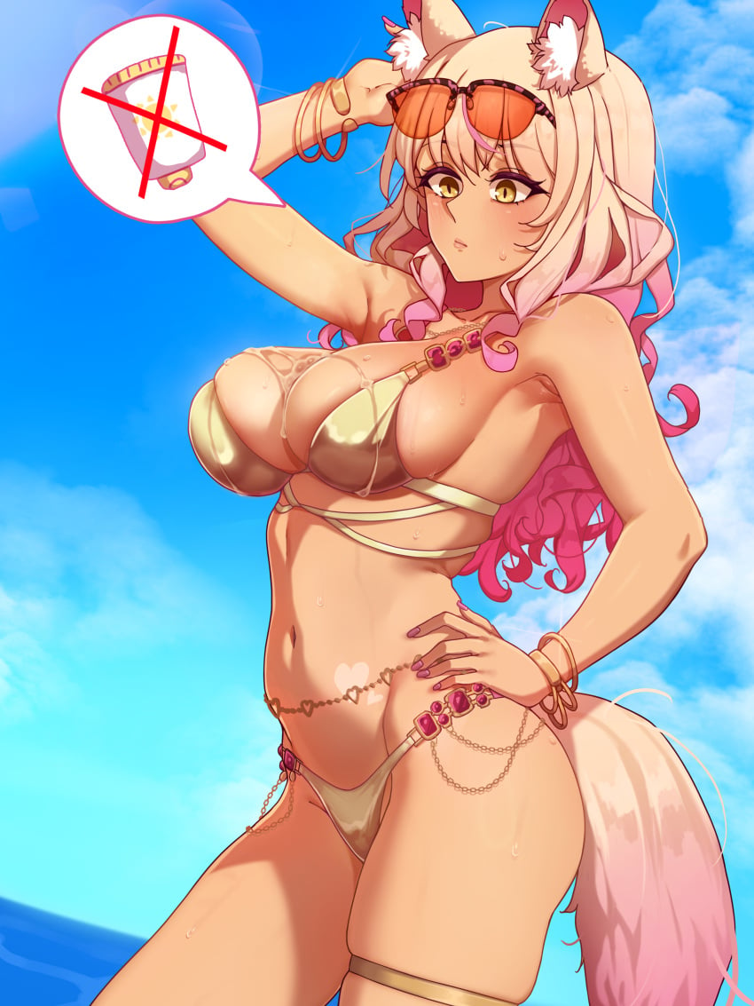 1girls beach big_breasts bikini cleavage cum cum_on_breasts fate/grand_order fate_(series) female fox_humanoid golden_bikini solo suzuka_gozen_(fate) suzuka_gozen_(swimsuit_rider)_(fate) swimsuit tan_body todding