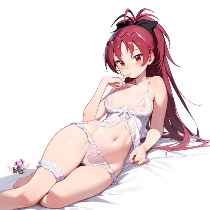 ai_generated artist_logo black_ribbon hair_ribbon half_naked hi_res laying_down laying_on_bed lingerie long_hair long_ponytail madoka_worship magical_girl mahou_shoujo_madoka_magica medium_breasts navel nightgown ponytail puella_magi_madoka_magica red_eyes red_hair sakura_kyouko simple_background wide_hips