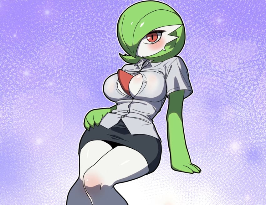 blush blush breasts button_down_shirt gardevoir hakkimanime large_breasts large_hips large_thighs looking_at_viewer office_clothing office_lady office_skirt pin_up pokemon pokemon_(species) sitting skirt