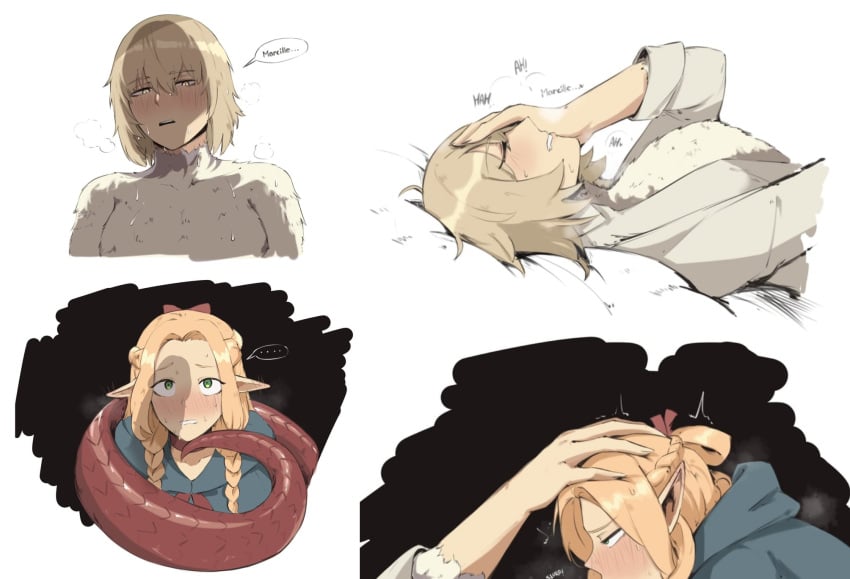 ... 2girls absurdres blonde_hair blue_robe blush bondage bound bow braid commentary dragon_tail dungeon_meshi elf english_commentary evaleen_d falin_touden falin_touden_(chimera) futanari green_eyes highres implied_futanari long_hair marcille_donato monster_girl multiple_girls penis_shadow pointy_ears puff_of_air red_bow robe short_hair side_braids sidelocks sweat tail tail_wrap white_background yellow_eyes yuri