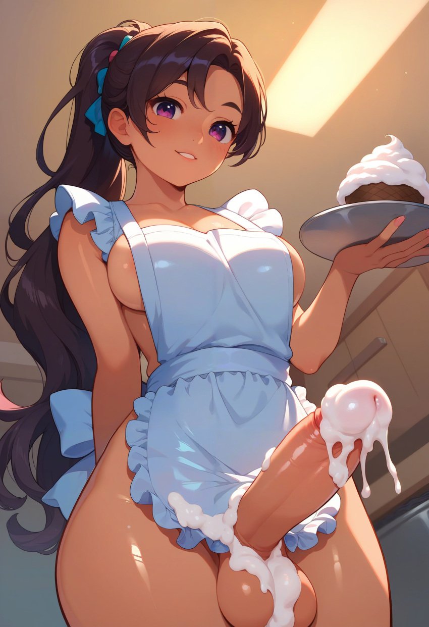 1futa ai_generated apron apron_only areola_slip areolae_slip arm_behind_back bangs blush bottomless bottomless_futanari breasts brown_hair collarbone erect_penis erection food food_fetish food_on_body food_on_penis food_on_plate food_play frills from_below futa_only futanari hair_ornament hair_ribbon holding holding_plate huge_cock icing kitchen large_breasts large_penis long_hair looking_at_viewer naked_apron oksnfika parted_bangs parted_lips penis ponytail pov purple_eyes shiny shiny_skin side_boob sideboob smile smiling solo testicles very_long_hair whipped_cream white_apron