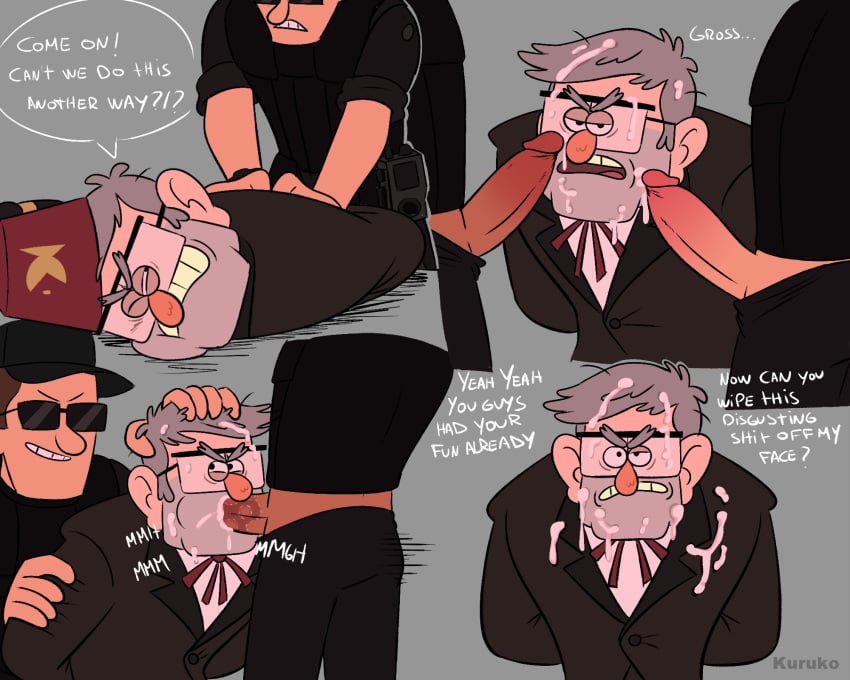 3boys blowjob clothed clothing cum cum_on_face dialogue dubious_consent fellatio gay gravity_falls grey_hair grunkle_stan kuruko kuruukoo male male_only old_man older_male penis semen stanley_pines tagme yaoi