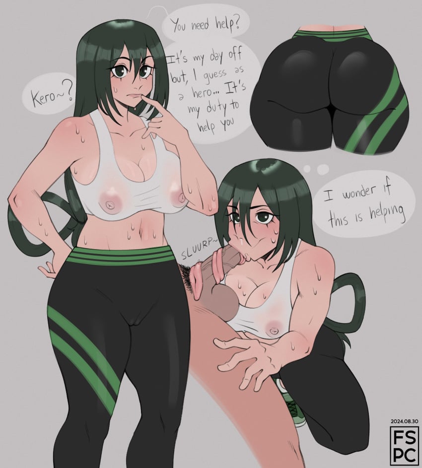 asui_tsuyu big_ass big_breasts blowjob english_text female fspc green_hair gym_clothes hand_on_hip long_tongue my_hero_academia see-through_clothing tsuyu_asui yoga_pants