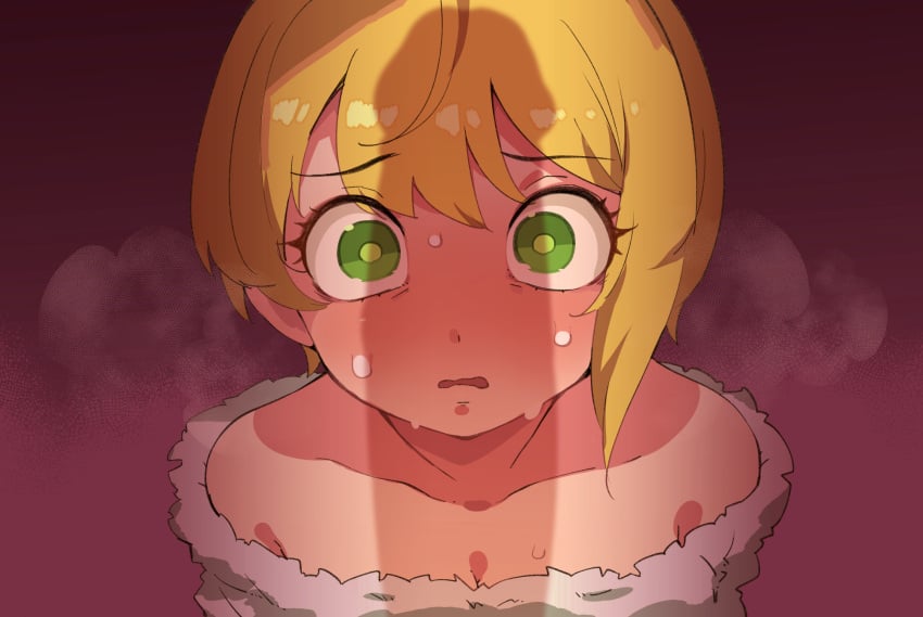 blonde_hair breasts bright_pupils cleavage cute female glowing_eyes green_eyes highres idolmaster idolmaster_cinderella_girls imminent_oral medium_hair miyamoto_frederica oral parted_lips penis_awe penis_shadow pink_background pov solo steaming_body sweat takato_kurosuke teenager upper_body wide-eyed worried