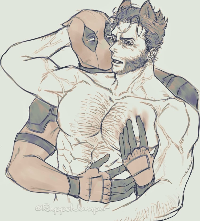 cat_ears chest_hair deadpool deadpool_&_wolverine_(2024) gay gloves james_howlett logan_(x-men) marvel marvel_cinematic_universe marvel_comics muscular_male nipples pectorals rappelvide short_hair wade_wilson wolverine_(x-men) x-men yaoi