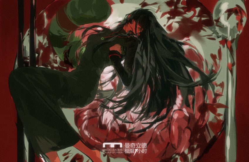 asanogiliko black_dress black_hair blood breasts chinese_commentary closed_mouth commentary_request dress female green_eyes guro highres intestines jewelry long_hair long_sleeves naihe_(female)_(touqi_guaitan) necklace on_plate small_breasts solo sponge touqi_guaitan watermark worm