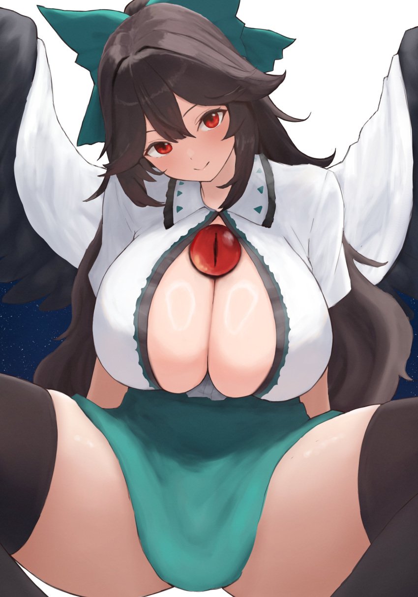 1girls big_breasts breasts breasts_bigger_than_head brown_hair cape clothed color colored crow_girl crow_wings female female_only huge_breasts light-skinned_female long_hair moriforest1040 okuu red_eyes reiuji_utsuho ribbon ribbon_in_hair smile smiling smiling_at_viewer solo thick_thighs thighhighs thighs third_eye touhou utsuho_reiuji wings yokai youkai