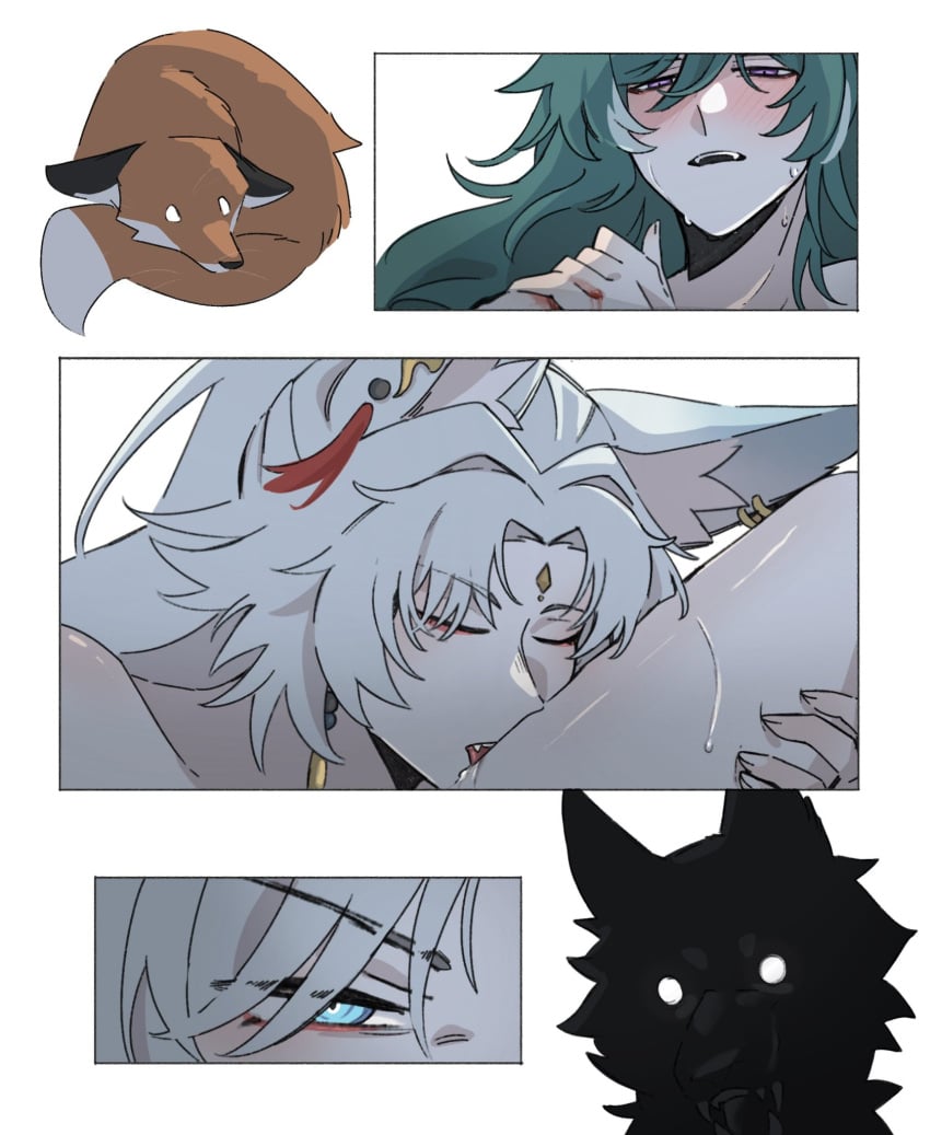 blue_eyes feixiao_(honkai:_star_rail) fox fox_ears foxgirl green_hair honkai:_star_rail honkai_(series) hoyoverse licking licking_thigh nervous sc2_22 scared scared_expression scared_face shadows thighs white_hair yukong_(honkai:_star_rail) yuri