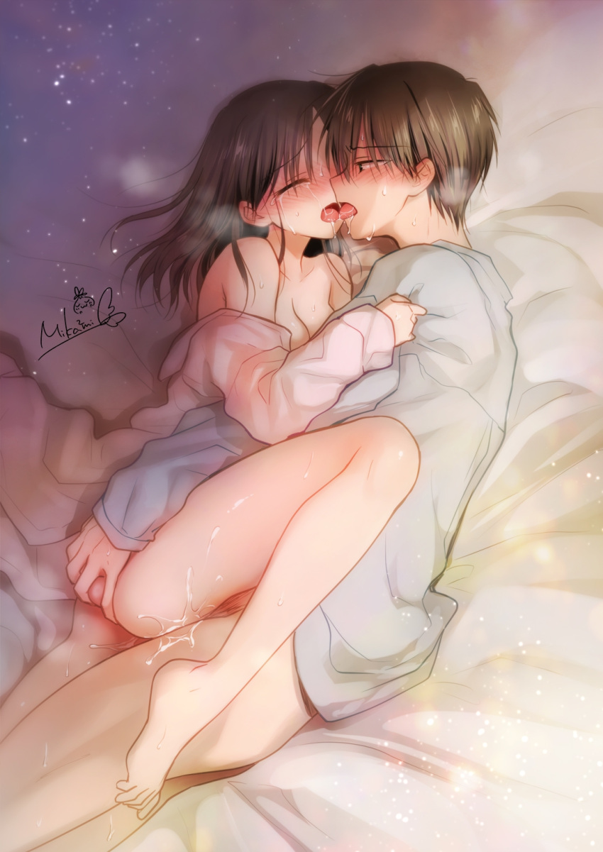 1boy 1girls artist_name bare_shoulders bed bed_sheet blush breasts brother_and_sister brown_hair cleavage closed_eyes clothed_sex collarbone female french_kiss full_body green_eyes hair_between_eyes highres incest kissing long_hair male male_and_female_focus medium_breasts mikami_mika nude on_bed open_mouth pubic_hair pussy_juice saliva sex siblings signature sleepwear solo spread_legs straight sweat thighhighs thighs tongue vaginal_penetration