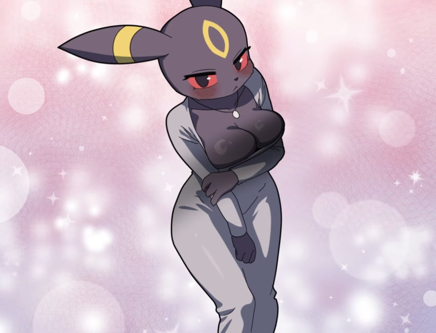 birds_eye_view blush blush blushing_at_viewer cleav cleavage gray_dress grey_dress hakkimanime large_breasts long_dress looking_at_viewer necklace pokemon pokemon_(species) umbreon