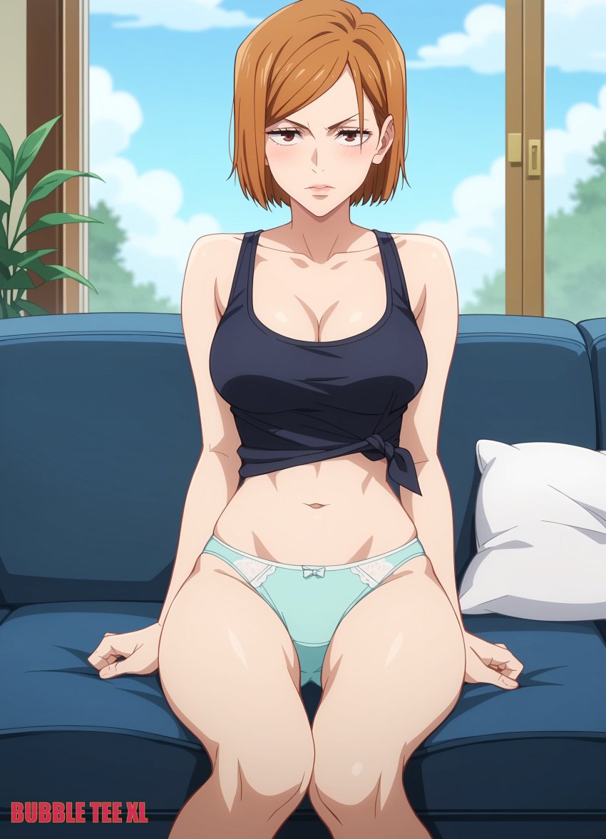 1female 1girls ai_generated breasts bubbleteexl commentary_request english_commentary female female_only jujutsu_kaisen kugisaki_nobara looking_at_viewer mixed-language_commentary shirt sitting solo solo_female tied_shirt