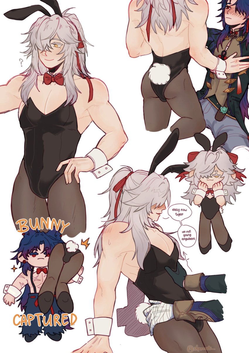 bandaged_arm bandages blade_(honkai:_star_rail) blue_hair blush blush_lines bow_in_hair bow_ribbon bunny_boy bunny_ear bunny_ears bunny_tail clothed dark_blue_hair feeling_up gay glove gray_hair hand_on_hip homosexual honkai:_star_rail jing_yuan light_grey_hair long_hair overalls ponytail red_eyes ribbon ribbon_in_hair scars tights yellow_eyes