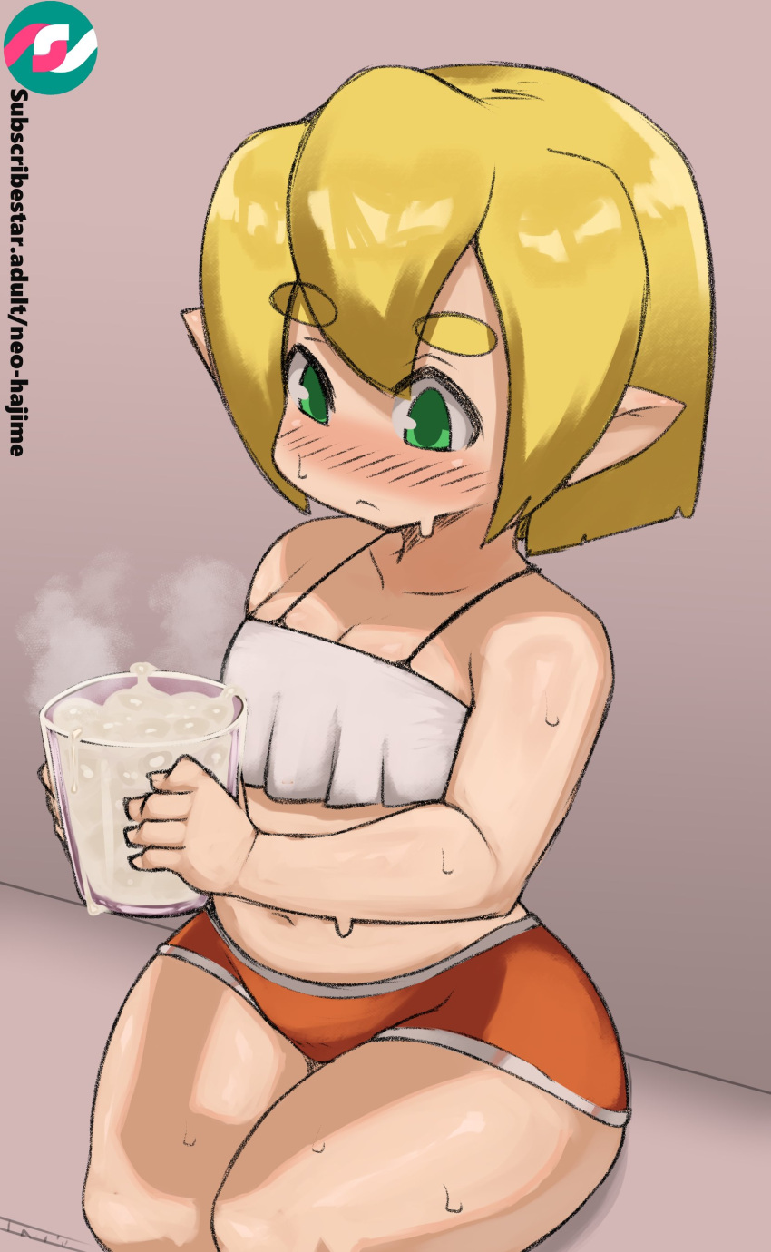 1boy ass big_ass blonde_hair blush booty_shorts crop_top cum cum_in_container drinking_cum excessive_cum fat_ass femboy glass_of_cum green_eyes hips male neo_hajime pointy_ears short_shorts shorts solo subscribestar subscribestar_username thick_ass thick_thighs thighs trap wide_hips