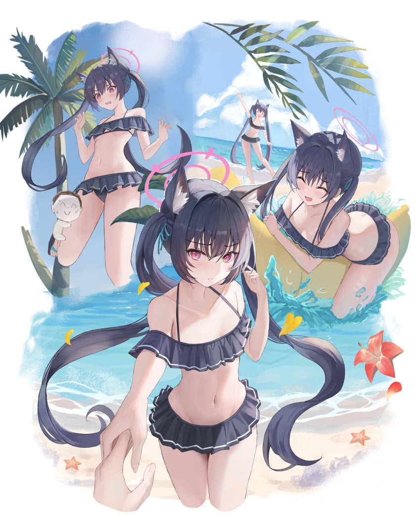 1boy animal_ears ass banana beach blue_archive blue_hair blush breasts butt_crack cleavage collarbone doodle_sensei_(blue_archive) female food fruit halo highres i_ruru laughing light_blush medium_breasts navel palm_tree pink_eyes pink_halo sensei_(blue_archive) serika_(blue_archive) serika_(swimsuit)_(blue_archive) sky smile tree twintails underboob