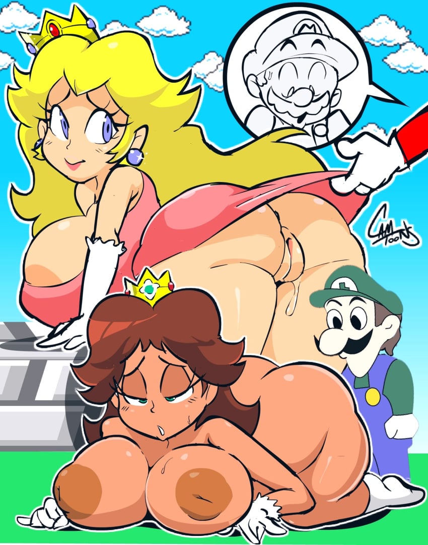 2boys 2girls all_fours anus ass blonde_hair breasts brown_hair camtoons clothing crown facial_hair female gloves green_hat green_shirt human lifting_skirt looking_at_ass looking_back luigi male mario mario_(series) nintendo nipples princess princess_daisy princess_peach pussy red_shirt royalty straight super_mario_bros. weegee wet_pussy