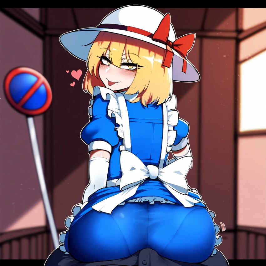 1boy 1girls :p ai_generated ass blonde_hair blue_dress blurry_background blush bulge buttjob buttjob_over_clothes dry_humping elbow_gloves heart heart indoors kana_anaberal looking_at_viewer looking_back maid_apron nai_diffusion naughty_face ohhai223 pantylines pov red_bow road_sign self_upload short_hair sign sitting solo_focus sun_hat tongue touhou touhou_(pc-98) white_apron yellow_eyes