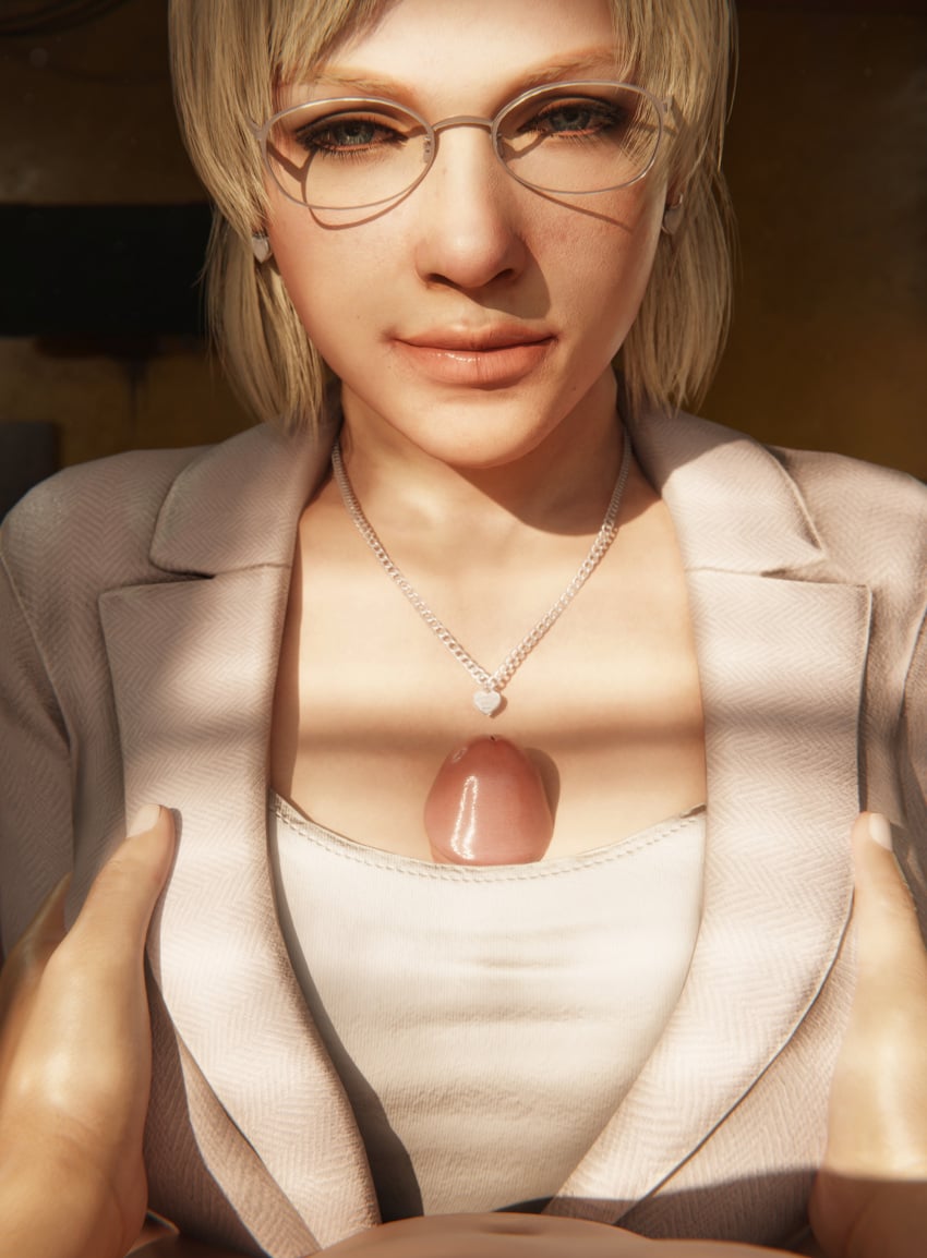 1boy 1girls 3d alternate_version_at_source blender blonde_hair breasts clothed_female_nude_male dead_rising female glasses gretdb jessica_mccarney looking_at_viewer office_lady paizuri paizuri_under_clothes partial_male penis_between_breasts pov smile straight tagme video_game_character video_games