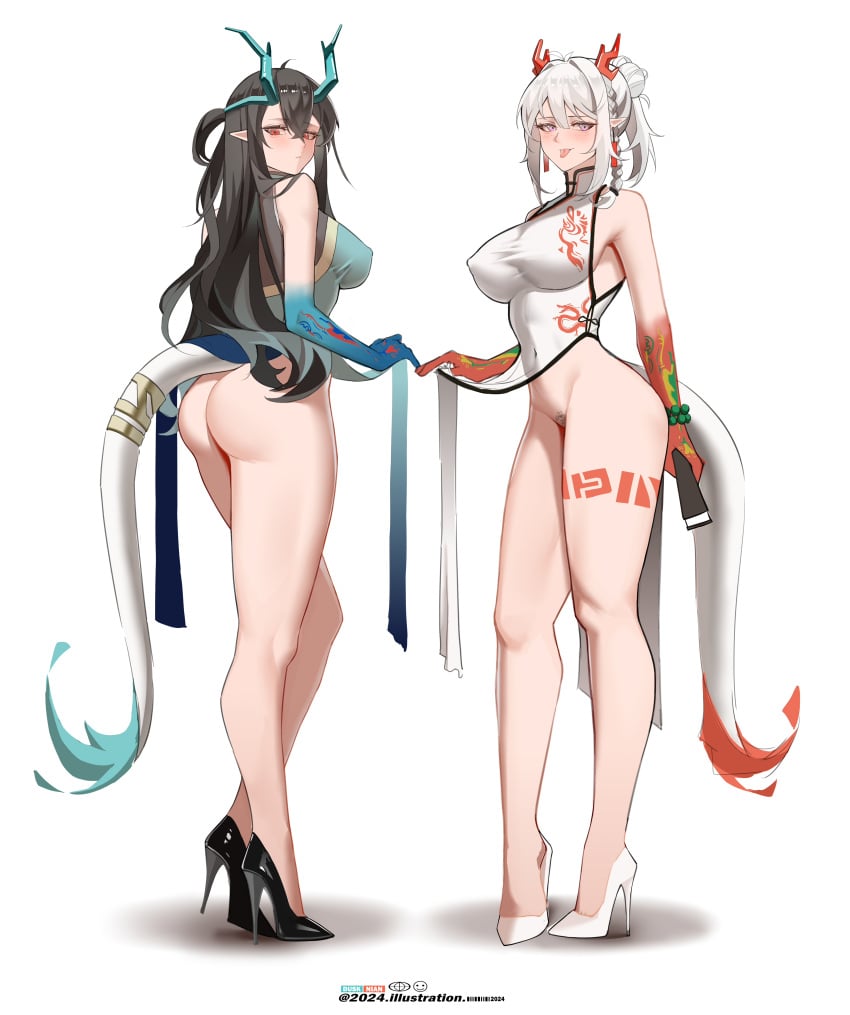 2girls arknights ass china_dress chinese_clothes dusk_(arknights) female female_only female_pubic_hair horns large_breasts nian_(arknights) no_panties siblings yat_(tsmn7245)