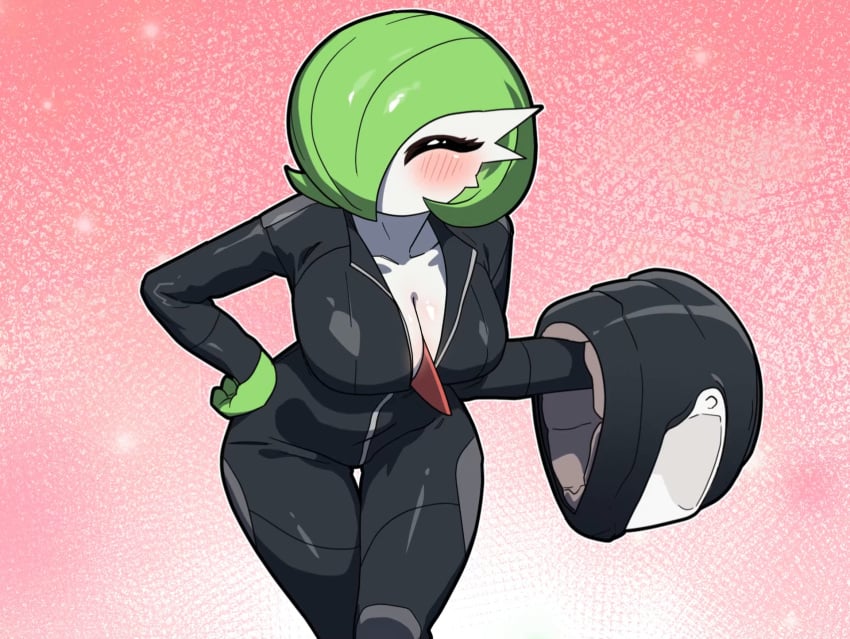 bike_helmet biker biker_clothes biker_girl blush blushing_at_viewer gardevoir hakkimanime happy helmet implied_smiling looking_at_viewer pin_up pokemon pokemon_(species)