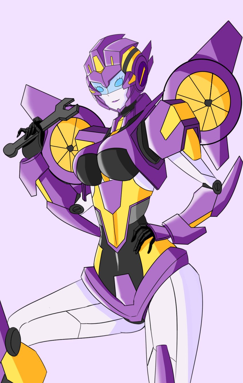 1girls alien alien_girl blue_eyes boobs breasts curvaceous curves curvy curvy_body curvy_female curvy_figure feet female female_only machine medium_breasts nautica purple_background purple_panties robot robot_girl simple_background soles solo thick_thighs tits transformers visor wrench