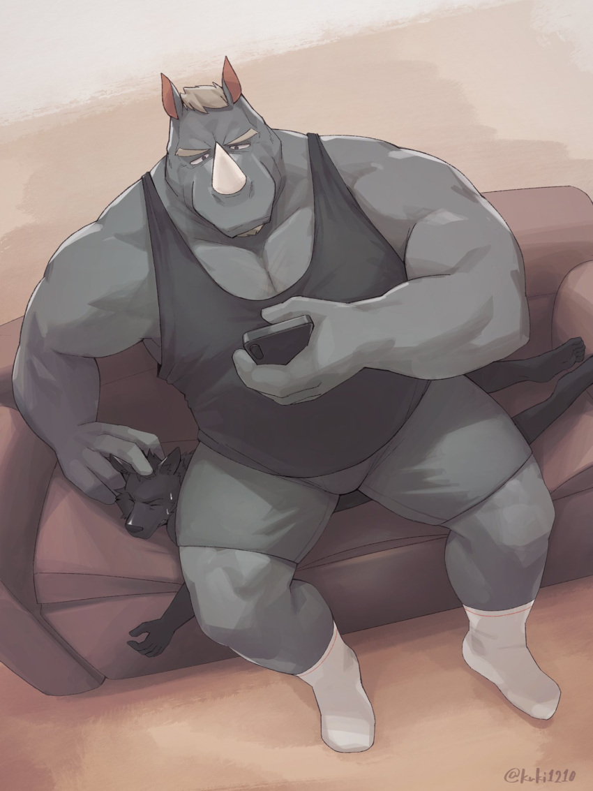 anthro clothing fully_clothed furry human_chair kuki1210 male male_only phone rhinoceros sitting_on_person