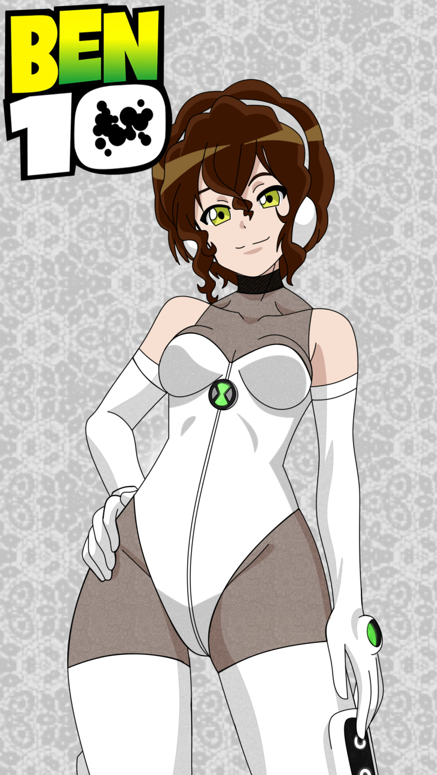 ben_10 ben_tennyson cleavage echo_echo elbow_gloves female female_ben gender_transformation green_eyes leotard maudxie medium_breasts mtf_transformation omnitrix rule_63 short_hair thighhighs transformation