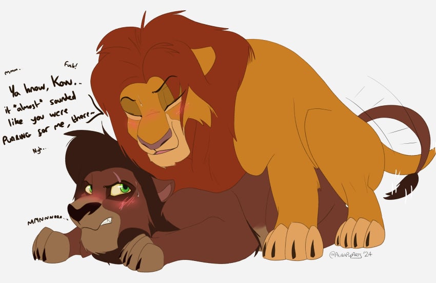 absurd_res anal anal_sex aurapuparts blush brown_body brown_fur claws dialogue digital_media_(artwork) disney duo english_text felid feral from_behind_position fur growling hair hi_res kovu kovu_(the_lion_king) lion male male/male male_penetrated male_penetrating male_penetrating_male mammal mane mounting open_mouth pantherine penetration questionable_consent sex simba simba_(the_lion_king) simple_background tail text the_lion_king