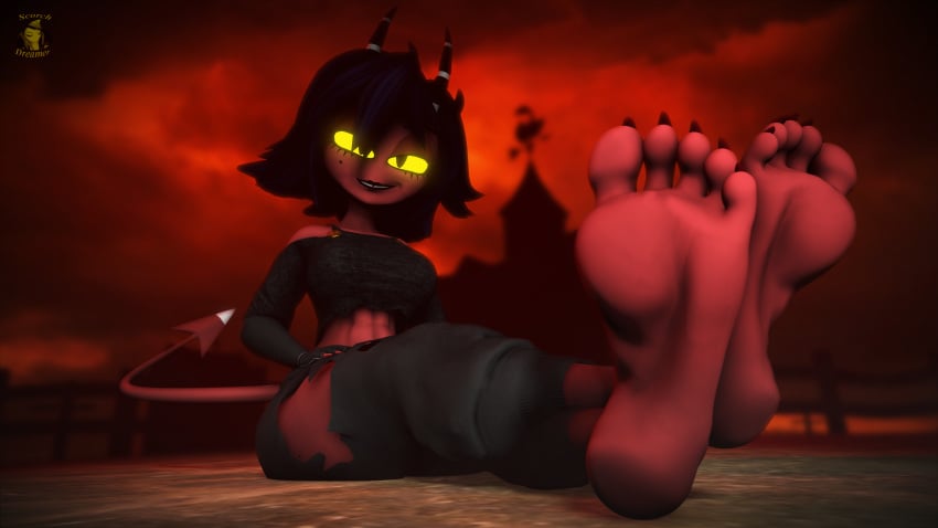 5_toes abs barefoot claws clothed_female dark_blue_hair demon demon_girl feet foot_fetish foot_focus glowing_eyes hellhound helluva_boss horns humanoid_feet imp imp_tail millie_(helluva_boss) red_skin scorch_dreamer smirk smirking smirking_at_viewer vivziepop yellow_eyes