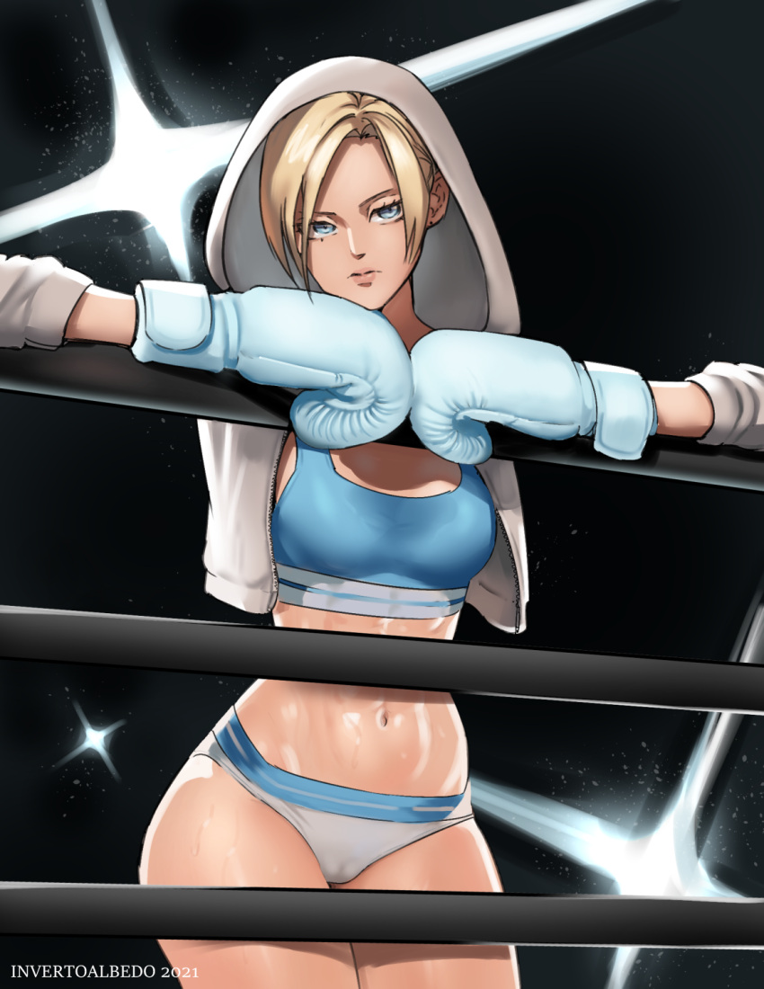 1girls abs annie_leonhardt attack_on_titan blonde_hair blue_eyes boxers_(clothing) boxing boxing_gloves emotionless expressionless hoodie invertoalbedo muscular muscular_female shingeki_no_kyojin sweat tomboy