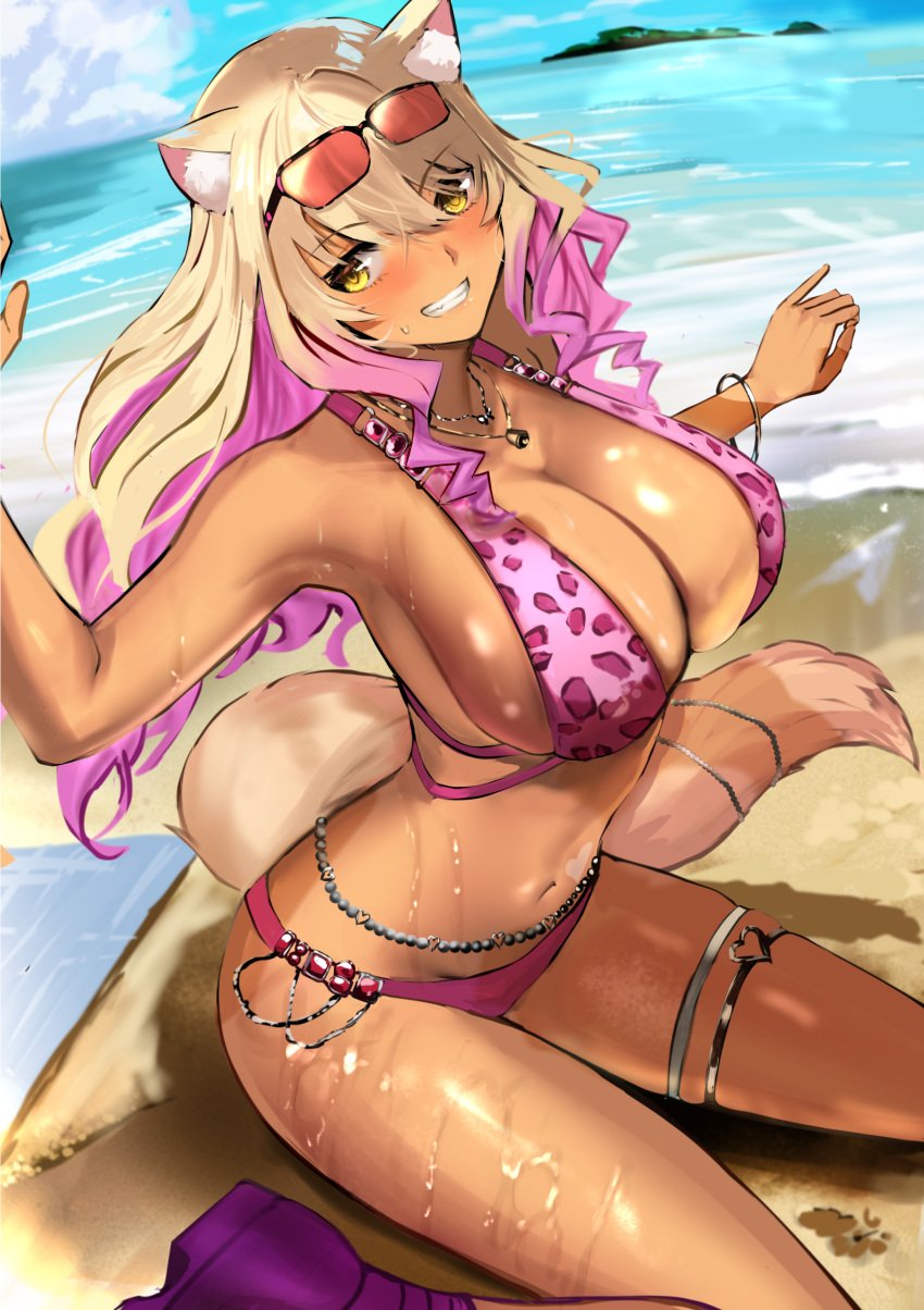 1girls beach bikini blush cleavage fate/grand_order fate_(series) female fox_girl fox_humanoid jikihatiman kneeling large_breasts smile solo suzuka_gozen_(fate) suzuka_gozen_(swimsuit_rider)_(fate) swimsuit