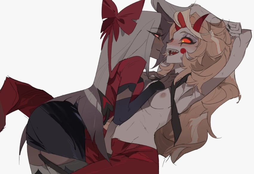 2girls bilidongdong bow breasts charlie_morningstar charlie_morningstar_(hazbin_hotel) circle_facial_mark colored_inner_hair colored_sclera colored_skin demon_girl demon_horns fangs grey_hair grey_skin hairbow hazbin_hotel highres horns loose_necktie miniskirt multicolored_hair multiple_girls necktie nipples open_fly open_mouth pants pink_sclera red_pants red_sclera skirt streaked_hair tail tail_wrap vaggie vaggie_(hazbin_hotel) white_skin yuri