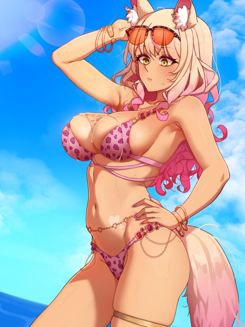 1girls beach big_breasts bikini cleavage cum cum_on_breasts fate/grand_order fate_(series) female fox_humanoid golden_bikini solo suzuka_gozen_(fate) suzuka_gozen_(swimsuit_rider)_(fate) swimsuit tan_body todding